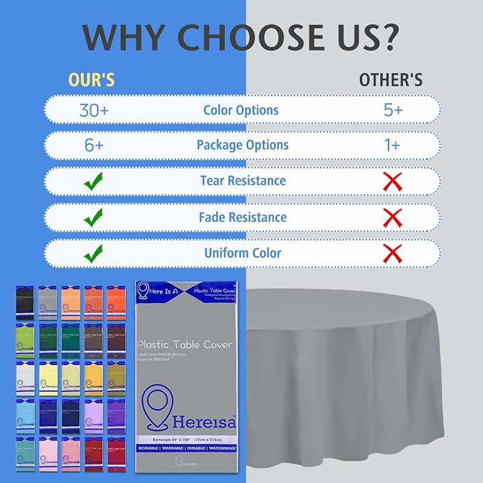 8-Count Grey Disposable Plastic Tablecloths Rectangle 54x108 Inch - Extra Long Waterproof Banquet Table Covers for Parties & Catering