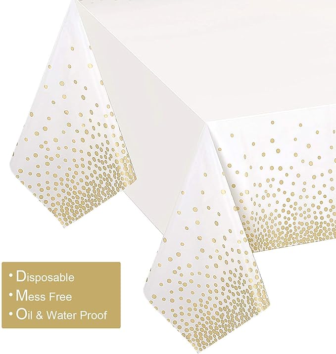 Gexolenu 2 Pack White and Gold Disposable Plastic Tablecloth for Rectangle Tables(54" x 108"), Disposable Waterproof Table Cover for Birthday, Graduation, Gold Table Cloths Party Supplies