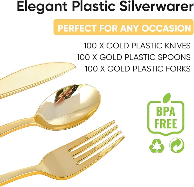 FOCUSLINE 300 Count Gold Plastic Silverware Set - 100 Forks, 100 Knives, 100 Spoons - Heavy Duty Plastic Cutlery Set Disposable Flatware for Catering, Parties, Dinners, Weddings