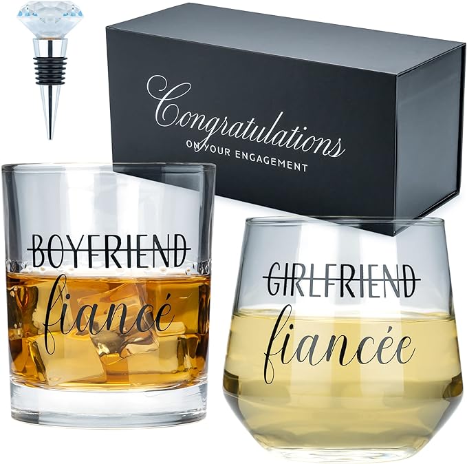 Engagement Gifts for Couples - Unique Fiance Gift for Him or Her! Whiskey Wine Glasses with Diamond Wine Stopper