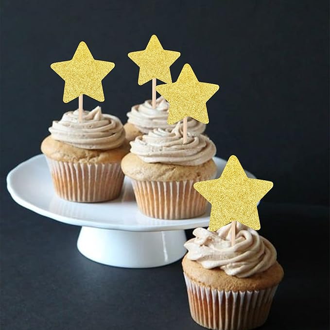 30 PCS Star Cupcake Toppers Glitter Assembled Twinkle Star Cupcake Picks Wedding Engagement Bridal Shower Birthday Party Cake Decorations Supplies Mixed Size Gold