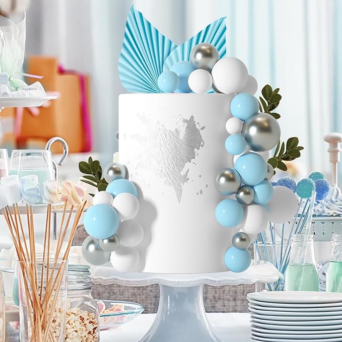 NEBURORA 64 Pcs Balls Cake Toppers and Leaves Decoration Set Mini Balloons for Cake Decorating Supplies Balls Cake decorations for Baby Shower Cake Toppers Birthday Cake Decorations(Blue Silver)