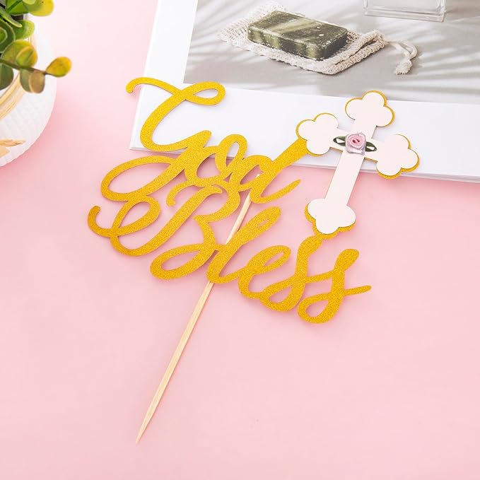Gold God Bless Cake Topper - Glitter Baptism and Christening Communion Cake Topper, Baby Shower Party Cake Decorations (Gold God Bless Cake Topper)