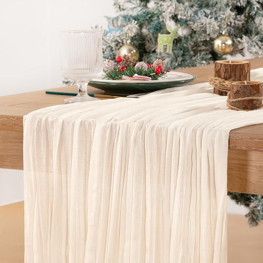 MLMC Ivory White Table Runner Rustic Gauze Cheesecloth Table Runner 10ft Cheese Cloth Centerpiece Decor 35x120 Inches for Dessert Anniversary Wedding Bridal Baby Shower Christmas Decor