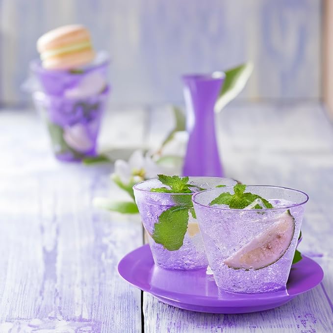 100 Purple Glitter Plastic Cups and 1 Silver Ice Tong Set - 9 Ounce Disposable Cocktail Glasses - Plastic Wine Cups - Purple Party Decorations - Purple Party Supplies