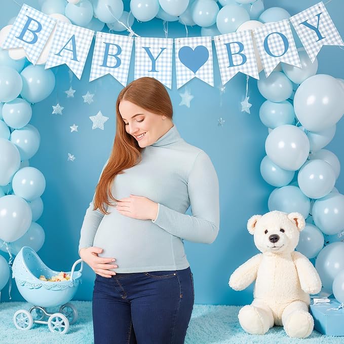 1 Pcs Blue Gingham Baby Boy Banner for Party Decorations Blue Pre Strung Baby Shower It's a Boy Gender Reveal Paper Banner for Table, Wall or Mantel Display Party Decor Supplies
