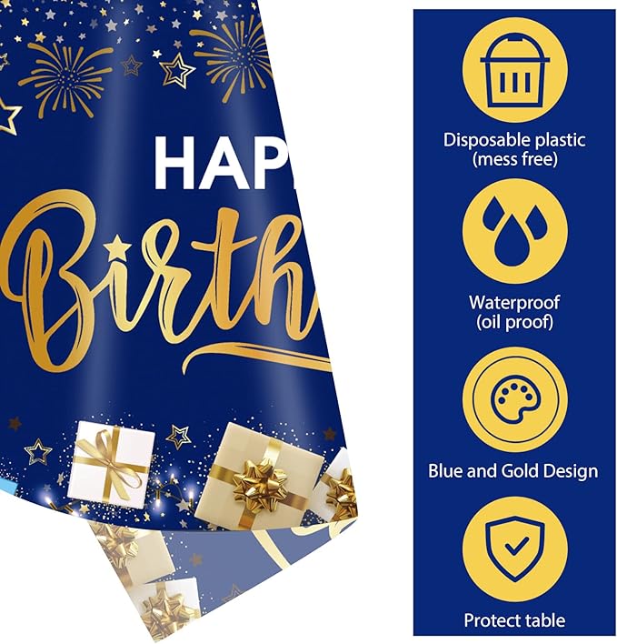 DUAIAI Happy Birthday Decorations, 1 Pcs Navy Blue and Gold Birthday Tablecloth for Boys Girls Men Women, Plastic Disposable Rectangle Table Cover for Birthday Party Supplies- 54" x 108"