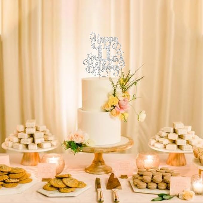 1 PCS Happy 11th Birthday Cake Topper Glitter Cheers to 11 Years Birthday Cake Pick Hello 11 Fabulous Cake Decoration for Happy 11th Birthday Anniversary Party Decorations Supplies silver