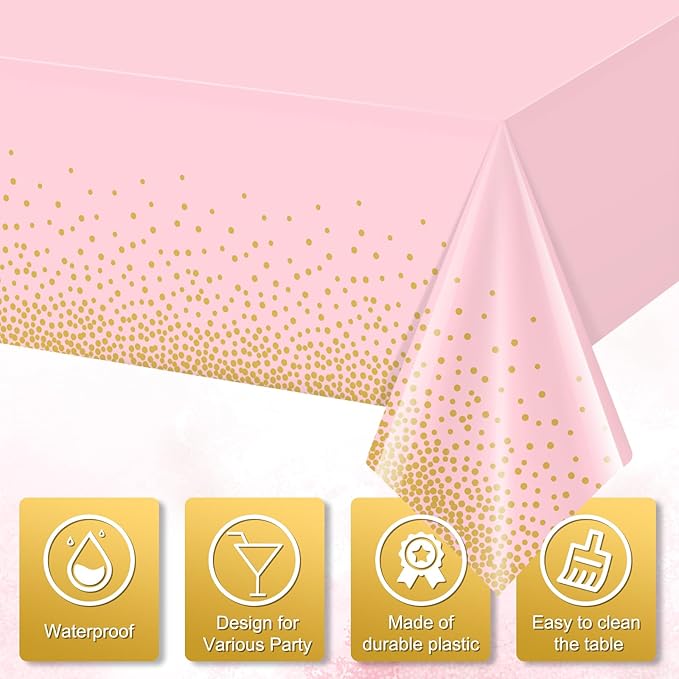 12 Pack Pink and Gold Plastic Tablecloth for Parties, Pink Disposable Table Cloth for Rectangle Tables, Gold Stamping Dot Confetti Light Pink Tablecloth for Birthday Wedding Baby Shower Party, 54x108"