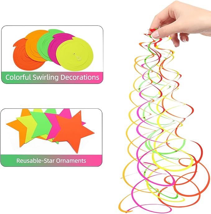 56 Pieces UV Hanging Swirls Decorations Paper Neon Streamer for Ceiling Star Neon Garlands Black Light Neon Decorations for Dark Glow Party Supplies and Decorations Birthday Neon Party Favors