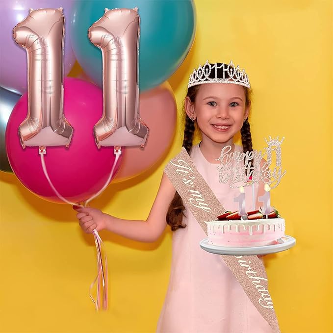 11th Birthday Decorations for Girls, 11th Birthday Sash and Crown, Cake Topper, Number Candles and Balloons, 11 Year Old Gifts for Girls