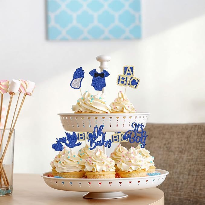 24Pcs Baby Shower Oh Baby Cupcake Toppers with Bow Onesie Bottle Boy Deep Blue Glitter Cake Picks Decorations for Baby Shower Gender Reveal It's a Boy Birthday Party Supplies