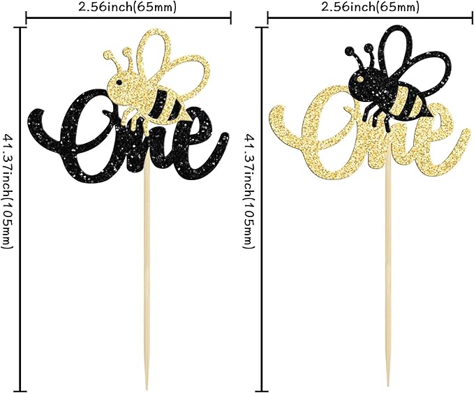 24Pcs Bumble Bee One Cupcake Toppers Glitter 1st Birthday Party Cupcake Picks Decorations for Bee Theme Baby Shower Kids First Birthday Party Supplies