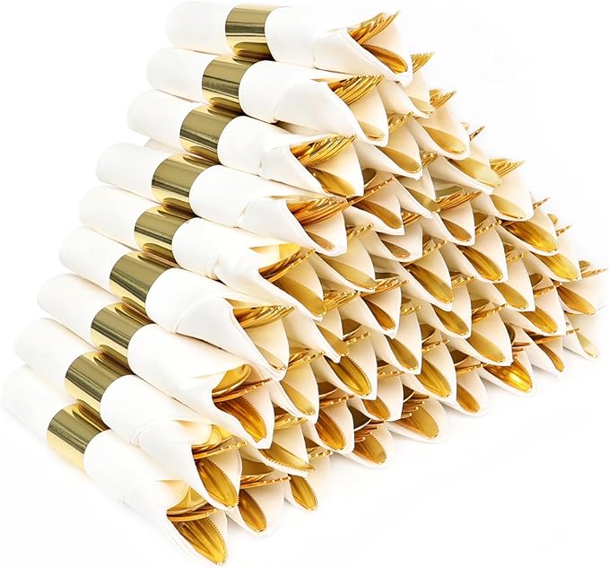 100 Pack Pre Rolled Gold Plastic Silverware Set,Wrapped Plastic Cutlery Set with Napkin Include 100 Forks,100 Spoons,100 Knives and 100 White Napkins for Party, Wedding,Christmas
