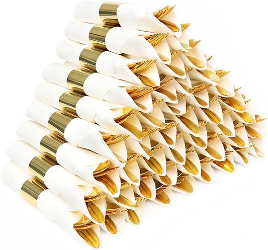 100 Pack Pre Rolled Gold Plastic Silverware Set,Wrapped Plastic Cutlery Set with Napkin Include 100 Forks,100 Spoons,100 Knives and 100 White Napkins for Party, Wedding,Christmas