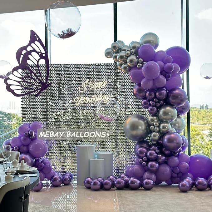 Black Purple and Silver Balloons Arch Kit, 146 Pcs Matte Black Light Purple Confetti Chrome Silver Balloons for Graduation Birthday Party Baby Shower Wedding Decorations