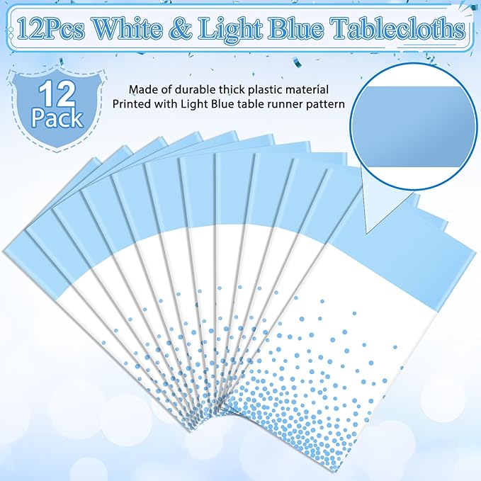 12Pcs White Light Blue Tablecloth Party Decorations,Plastic White Table Cloth Printed Baby Blue Tables Runner Disposable Rectangle Table Cover for Birthday Baby Shower Wedding Party,54 x108 Inch