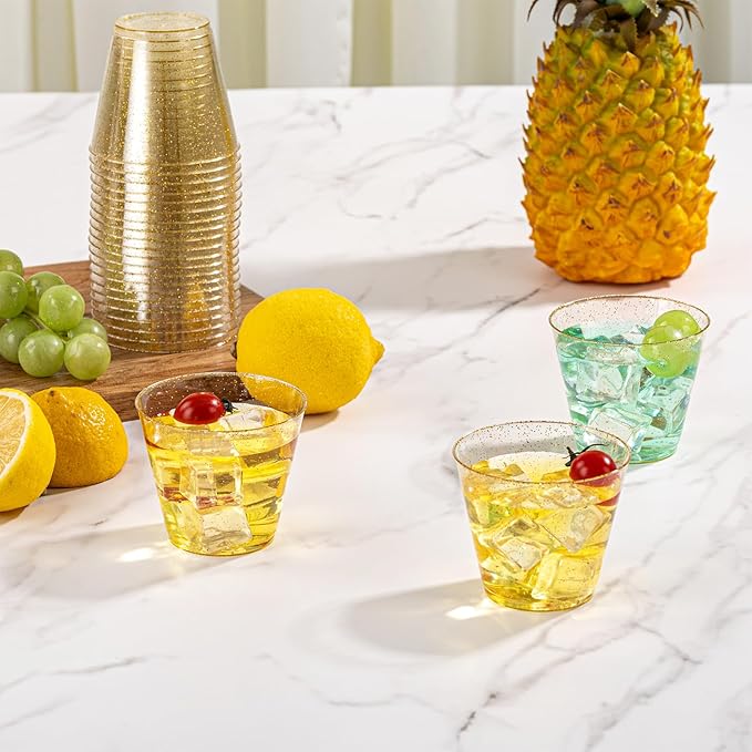 I00000 5oz 200 Pack Shot Glasses, Small Gold Glitter Disposable Plastic Cups,Plastic Party Cups for Vodka, Whiskey, Great Container for Sauce,Medicine and Pudding