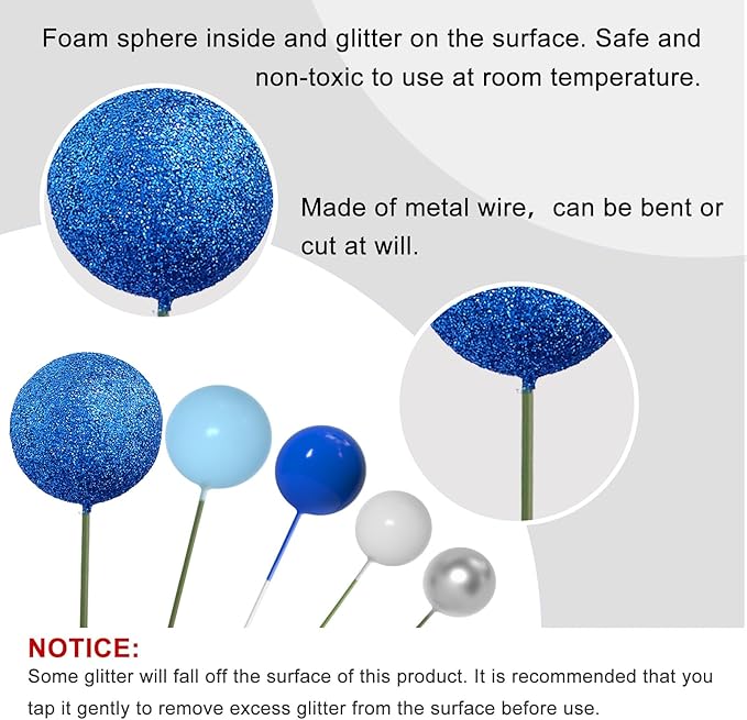 ASTARON 50 Pcs Ball Cake Topper Sticks Mini Balloons for Decorating Supplies Foam Balls Cake Toppers for Baby Shower, Birthday - Blue Series