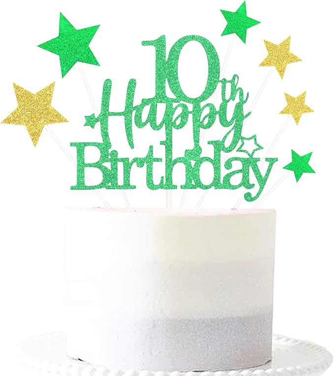 Glittery 10th Happy Birthday Cake Topper with Star,Personalised 10 Birthday Cake Toppers Party Decorations Party Supplies for Boys Girls Green Gold