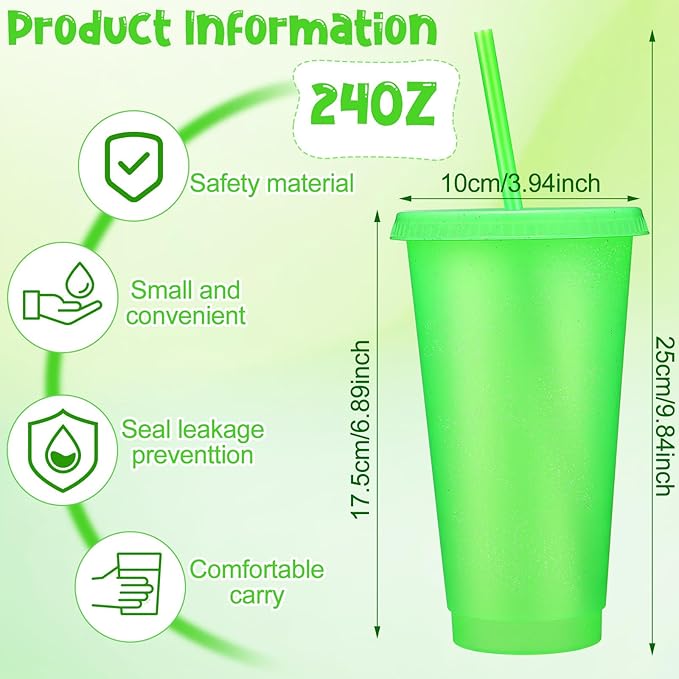 Honeydak 60 Pack Tumbler with Straw and Lid Bulk Cups for Gifts Glitter Plastic Coffee Cups 24-27 oz Reusable Water Bottle Iced Coffee Travel Mug Party Favors for Birthdays Travel (Fluorescent Green)