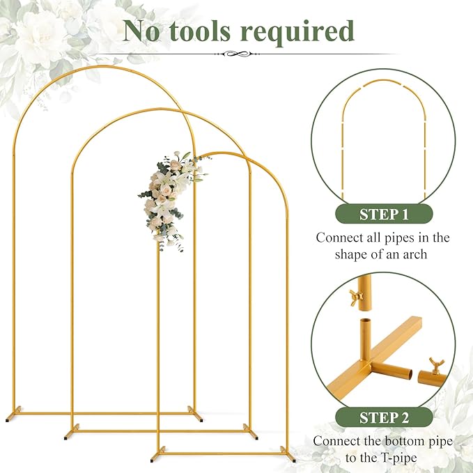 Tamodan 3 Pack Metal Wedding Arch (7.2ft+6.6ft+6ft) - Tool-Free Assembly | Photo Booth Backdrop for Outdoor Weddings, Engagement Shoots, Baby Showers, Balloon Arch (Incl. Ground Stakes)