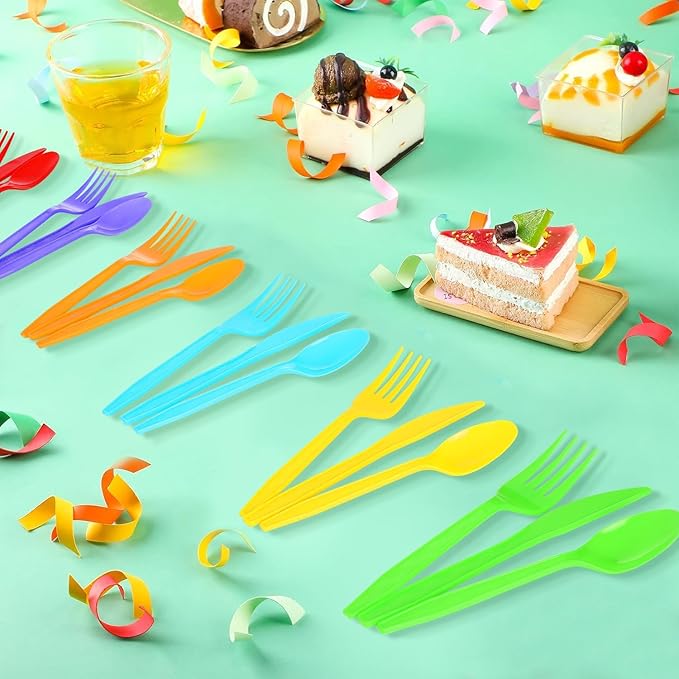 180Pcs Rainbow Red Orange Yellow Green Blue Purple Plastic Silverware Heavy Duty Disposable Flatware Cutlery Set Includes Forks Spoons Knives for Rainbow-Themed Birthday Halloween Pride Party