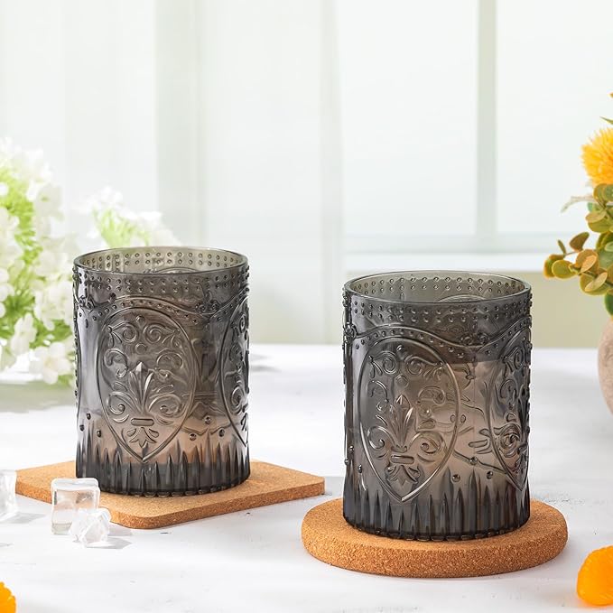 24 Plastic Vintage Drinking Glasses 8.5oz Stemless Retro Embossed Wine Glasses Shatterproof Reusable Cups for Baby Shower Wedding Reception Grand Event Party (Black)