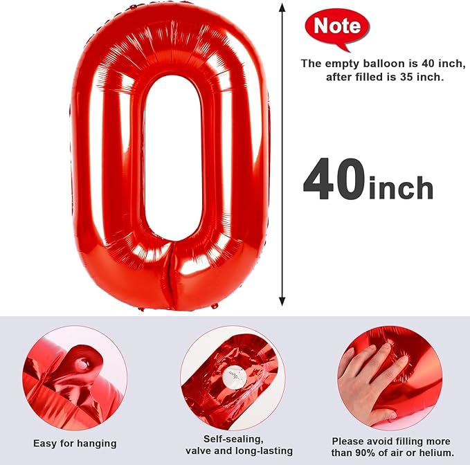0 Balloons Numbers Birthday Decorations for Women Men, Number Balloons 40 In, Red Birthday Party Decorations Big Balloons for 10 20 30 Wedding, Celebration Party, Graduations