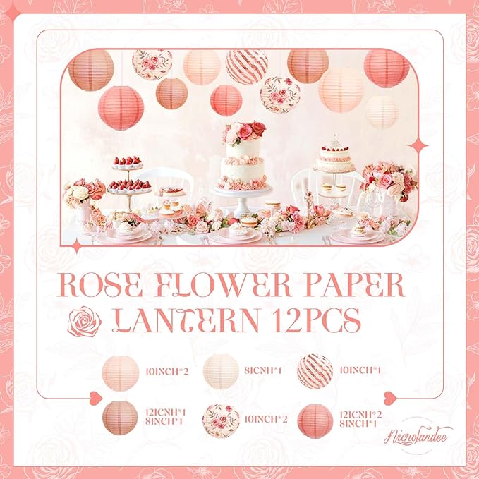 NICROLANDEE Wedding Party Decorations - 12PCS Rose Gold Vintage Floral Paper Lantern Hanging Decorations for Bridal Shower Anniversary Baby Shower Bachelorette Birthday, Valentines Day Party Decor