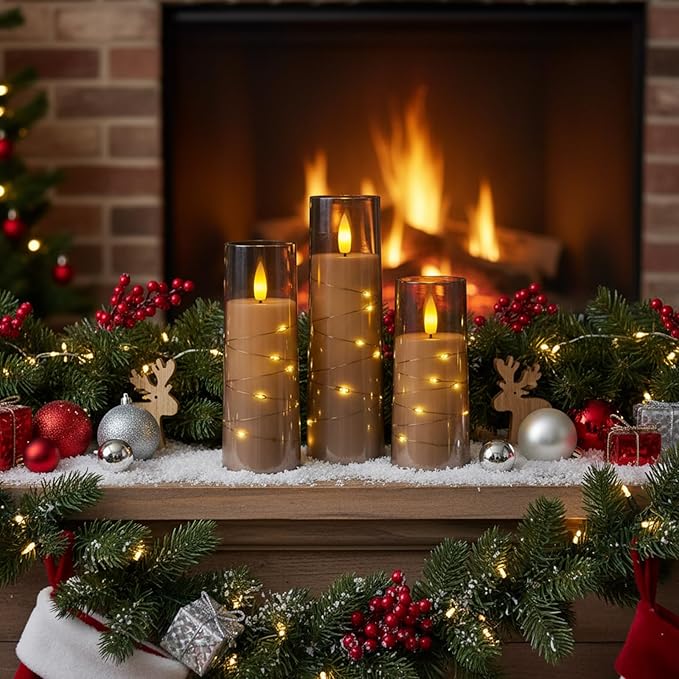 Raycare Flameless Candle with Remote Timer, 3 Flickering Acrylic Battery Operated LED Pillar Candles with Embedded Star String for Christmas, Home Decor, and as a Gift(Grey)