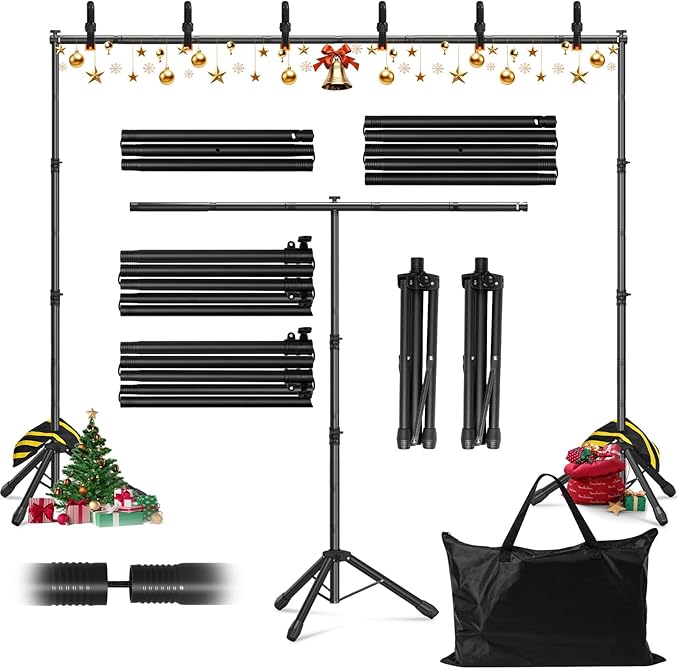 3-in-1 Backdrop Stand Kit 10x8.5 ft for Photography Studio, T-Shape Backdrop Stand for Wedding Parties, Background Stand for Photo Video Studio with Carring Bag, 6 Clamps, 2 Sandbags