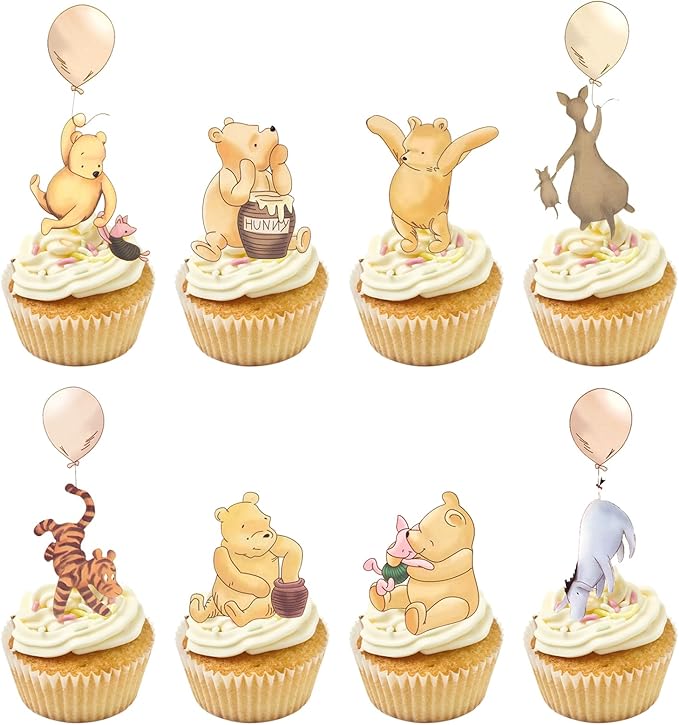 48 Pcs Winnie Cupcake Toppers Classic Baby Shower Decorations Cute Cake Decorations Oh Baby Newborn Party Favors Boys and Girls First Birthday Supplies