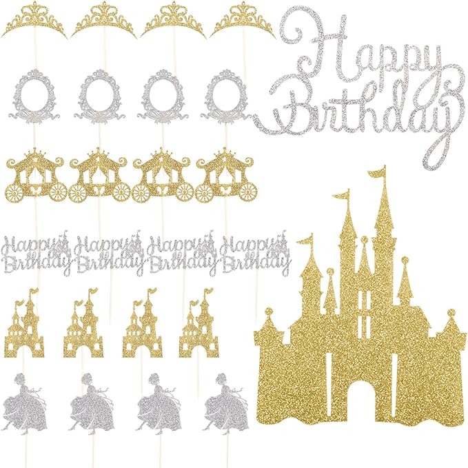 26pcs Gold Castle Cake Toppers Glitter Princess Prom Crown Cupcake Toppers for Princess Birthday Party Decorations Baby Shower Cake Decorations Supplies
