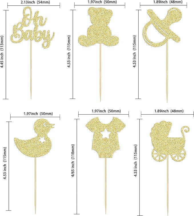 Gyufise 36Pcs Oh Baby Cupcake Toppers Glitter Bear Pacifier Baby Carriage Cupcake Picks Gender Reveal Cake Decorations for Kids Birthday Party Supplies Gold