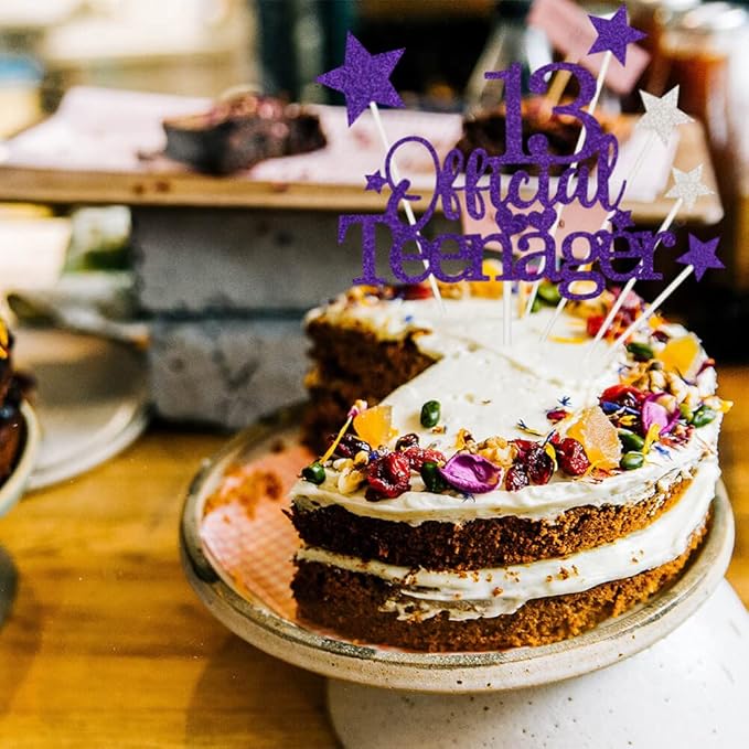 Glittery 13 Ofiicial Teenager Cake Topper with Star,13th Happy Birthday Cake Topper Party Decorations Party Supplies for Boys Girls Purple Silver