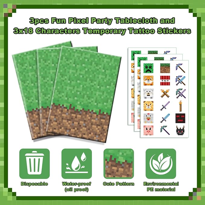 Bigear 3PCS Pixel Tablecovers with 54PCS Temporary Tattoos,Waterproof Oil-Proof Plastic Table Cloth,Video Game Party Birthday Party Decorations,Gamer Birthday Tablecloth Party Supplies
