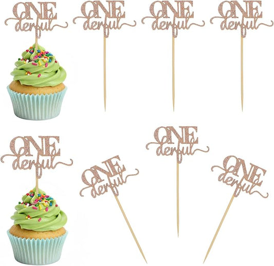 36 Pack Onederful Birthday Cupcake Topper for Girls, Glitter Rose Gold 1st Birthday Cake Topper Girl Cute Onederful Birthdays Decorations for First Birthdays Baby Shower Theme Party