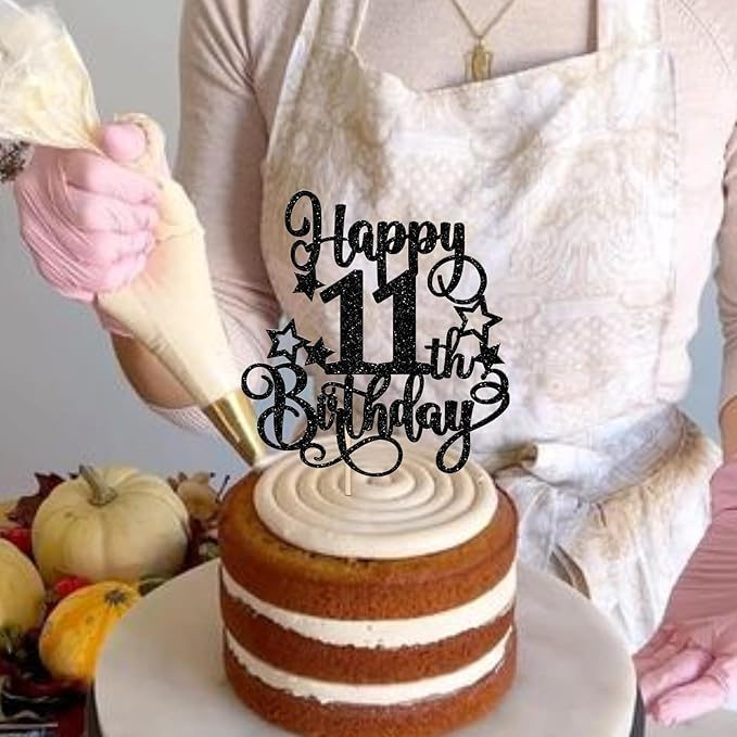 1 PCS Happy 11th Birthday Cake Topper Glitter Cheers to 11 Years Birthday Cake Pick Hello 11 Fabulous Cake Decoration for Happy 11th Birthday Anniversary Party Decorations Supplies Black