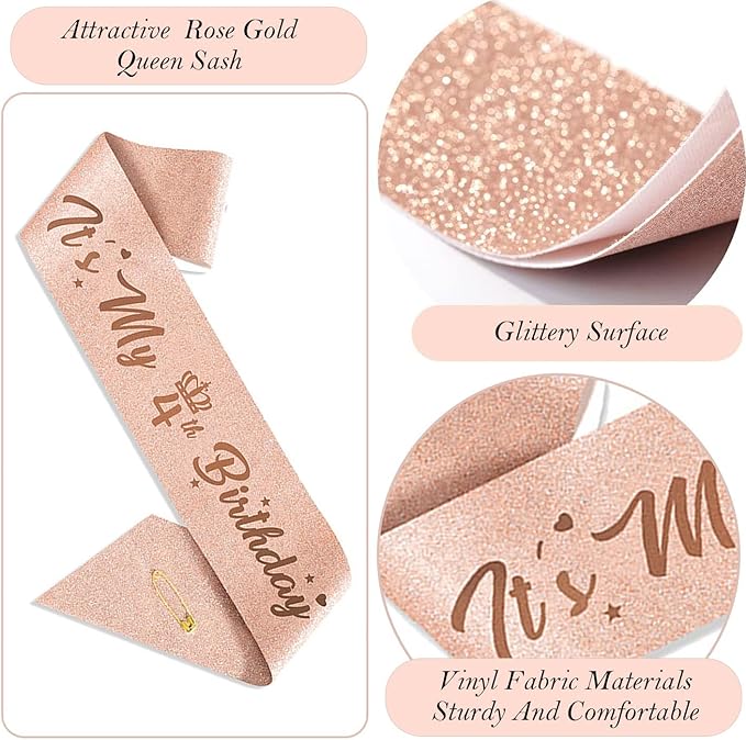 4th Birthday Decorations Girl, Including 4 year old Birthday Cake Topper, Queen Sash with Pearl Pin, Sweet Rhinestone Tiara Crown, Number Candles and Balloons Set, Rose Gold