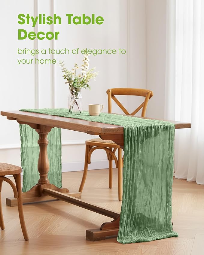 Pureegg 2-Pack Cheese Cloths Table Runner, 120'' Boho Table Cloth Decorations for Party, Baby Shower, Wedding and Farmhouse, Fabric Room Decor, Sage Green