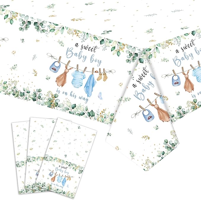 3 Pack Baby Shower Tablecloth Decorations, Baby Shower Decorations, Plastic Tablecloth Table Cover Backdrop for Baby Boy Gender Reveal Party Supplies, 54 x 108 Inch, Blue