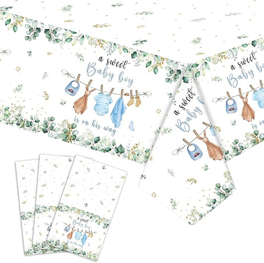 3 Pack Baby Shower Tablecloth Decorations, Baby Shower Decorations, Plastic Tablecloth Table Cover Backdrop for Baby Boy Gender Reveal Party Supplies, 54 x 108 Inch, Blue