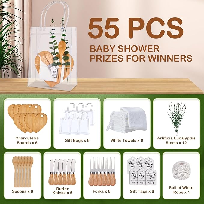 55Pcs Baby Shower Prizes for Game Winners 6 Sets Charcuterie Board with Spoons Butter Spreaders Forks Plaid Towel Thanks Card and Gift Bags for Bridal Shower Favors Party (Heart Shaped)