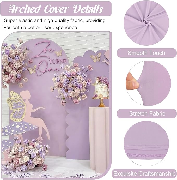 Metal Arch Stand and Cover Set,1 Light Purple Spandex Fitted Backdrop with 1 Gold Wedding Arched Stand Frame for Parties Birthday Baby Shower Bridal Banquet Decoration (6FT)