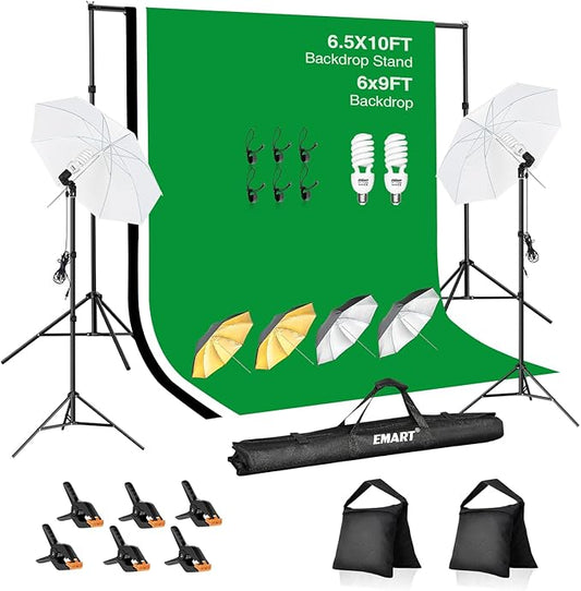EMART 6.5x10ft Backdrop Support System, Professional Photography Lighting Kit with 45W CFL Blub, Umbrellas, 6x9ft Backdrop(White/Black/Green) for Photography Studio, Portrait, Video Shooting