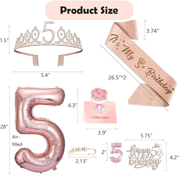 5th Birthday Decorations Girl, Including 5 year old Birthday Cake Topper, Queen Sash with Pearl Pin, Sweet Rhinestone Tiara Crown, Number Candles and Balloons Set, Rose Gold