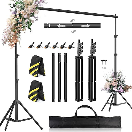 Backdrop Stand 10 x 8 FT for Photography Studio, Telescopic Adjustable Background Stand for Parties, Photoshoot Backdrop Stand with Spring Clamps, Sandbags, Carry Bag