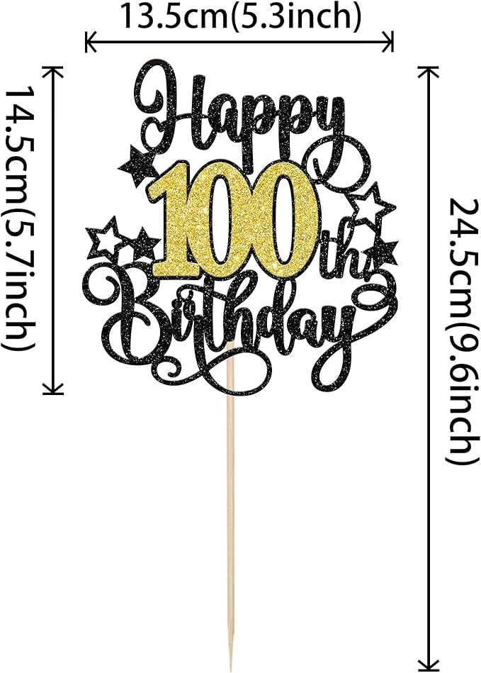 1 PCS Happy 100th Birthday Cake Topper Black Gold Glitter Cheers to 100 Years Birthday Cake Pick Hello 100 Fabulous Cake Decoration for Happy 100th Birthday Anniversary Party Decorations Supplies