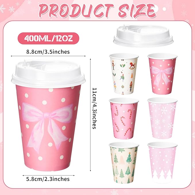 Yungyan 60 Sets Christmas Disposable Coffee Cups with Lids 12 oz Pink Xmas Paper Cups Hot Cocoa To-go Coffee Mug for Hot Cold Drinks Chocolate Tea Beverage Christmas Party Supplies